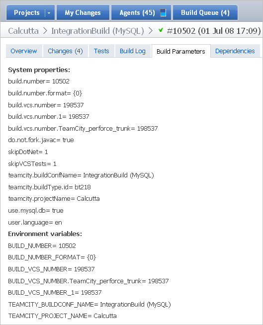 Build parameters tab